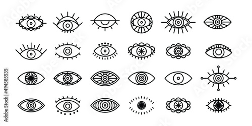 set of mystic eye for boho design. evil eye outline vector illustration. eyes hand drawn symbols for tattoo design.