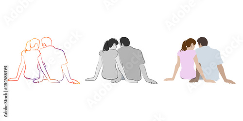 A couple sitting together. Line art.