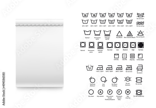 Realistic cloth tag with washing signs. Vector illustration isolated on white background. Ready for your design. EPS10.	