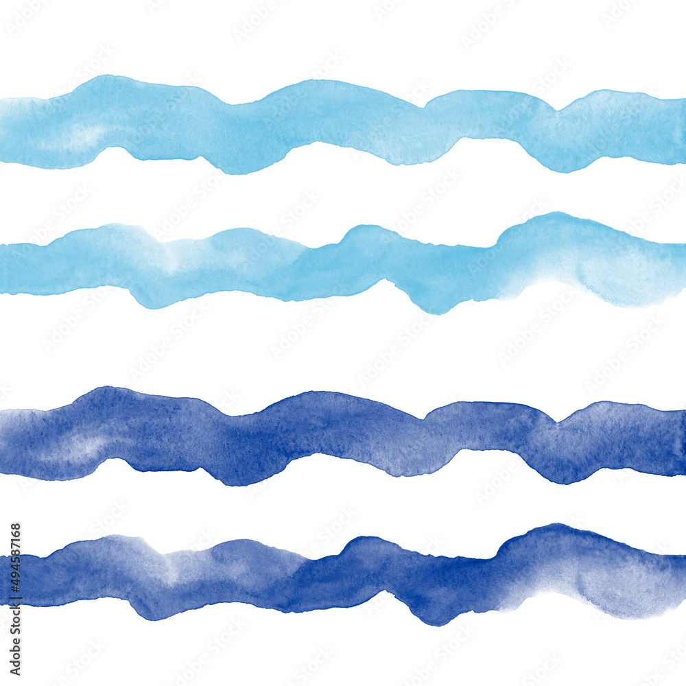 Blue watercolor wavy long brush strokes, uneven wide stripes, doodle streaks, smears. Hand drawn watercolour waves, sea backgrounds, marine, navy borders, deckled edges water templates