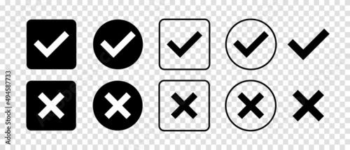 Check mark and Cross mark black icon set. Isolated tick symbols. Checklist signs. Right and wrong sign concept. Flat and modern checkmark design. Vector illustration