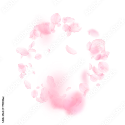 Sakura petals falling down. Romantic pink flowers frame. Flying petals on white square background. Love, romance concept. Overwhelming wedding invitation.