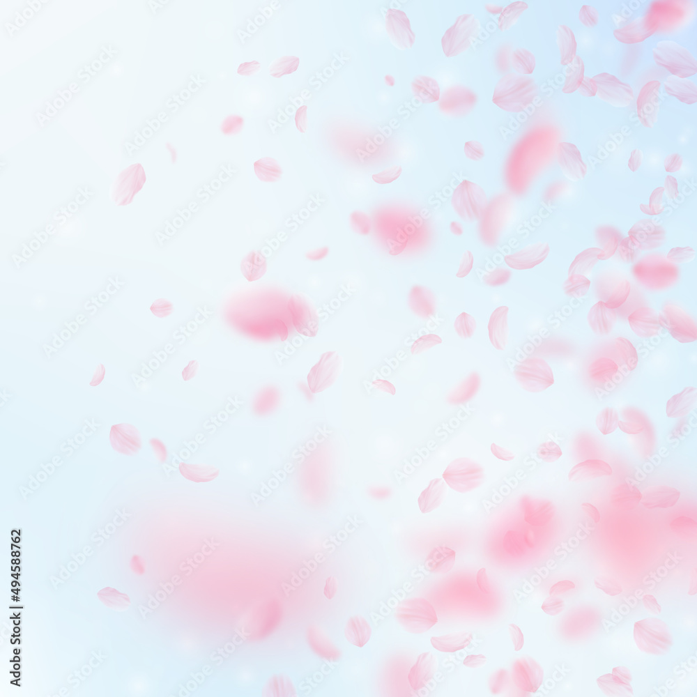 Sakura petals falling down. Romantic pink flowers gradient. Flying petals on blue sky square background. Love, romance concept. Pretty wedding invitation.