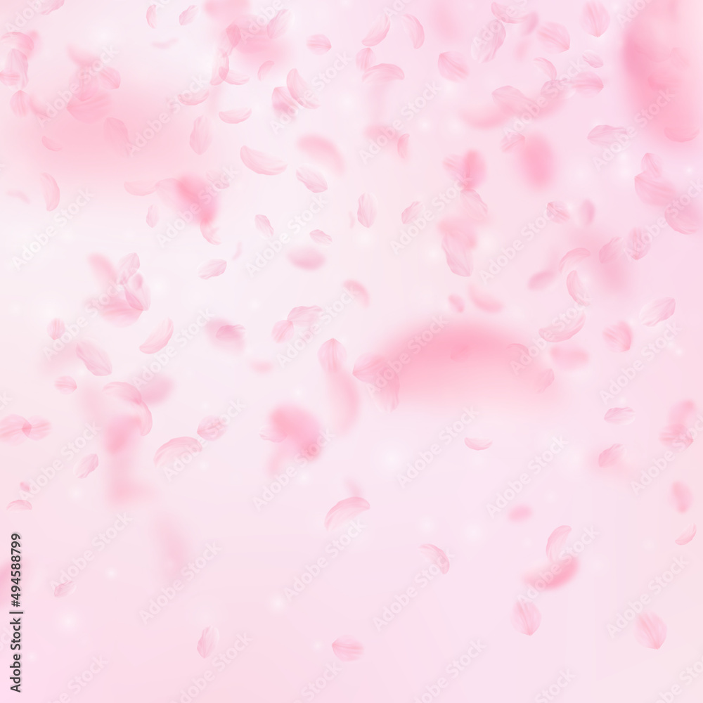 Sakura petals falling down. Romantic pink flowers gradient. Flying petals on pink square background. Love, romance concept. Beauteous wedding invitation.