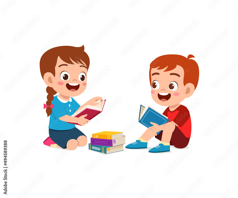 little boy and girl read book together little boy and girl read book together