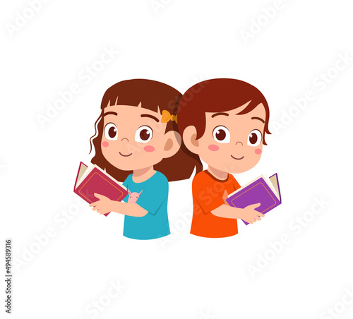 little boy and girl read book together