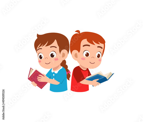 little boy and girl read book together