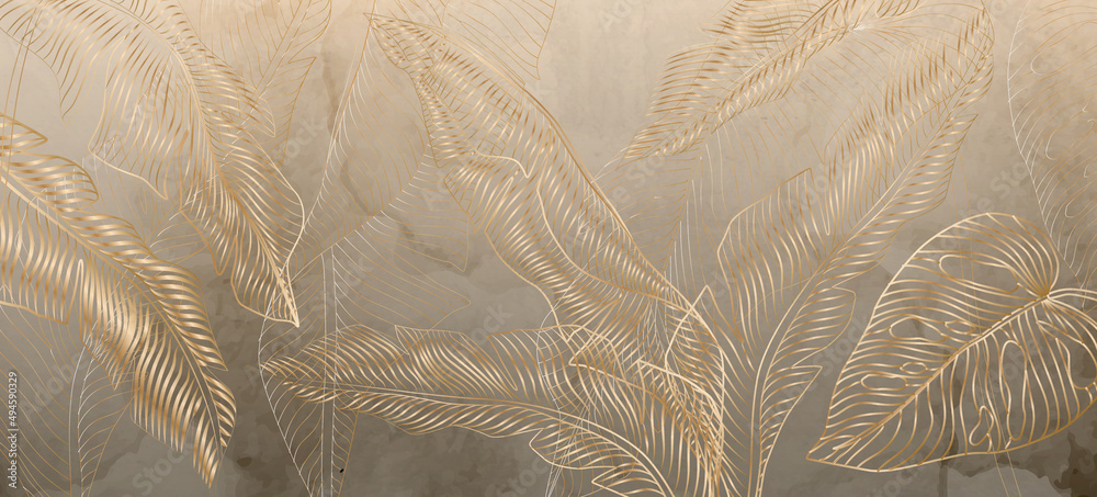 Abstract art background with golden palm leaves for interior design ...