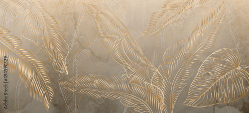 Fototapeta Naklejka Na Ścianę i Meble -  Abstract art background with golden palm leaves for interior design, decor, wallpaper