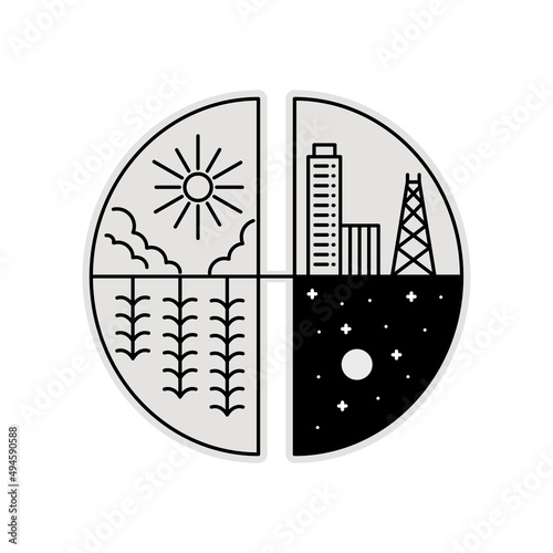 Design mono line art of nature and city in lung shape circle, for t-shirt, sticker, badge, etc