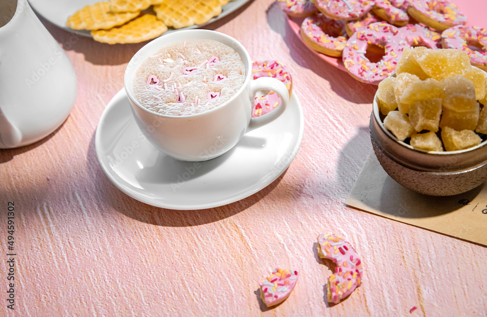 cup of fresh aromatic homemade hot chocolate or cacao served for breakfast at home on pink background cup of fresh aromatic homemade hot chocolate or cacao served for breakfast at home on pink background