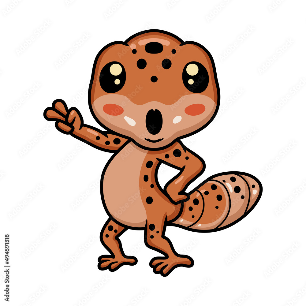 Fototapeta premium Cute leopard gecko cartoon waving hand
