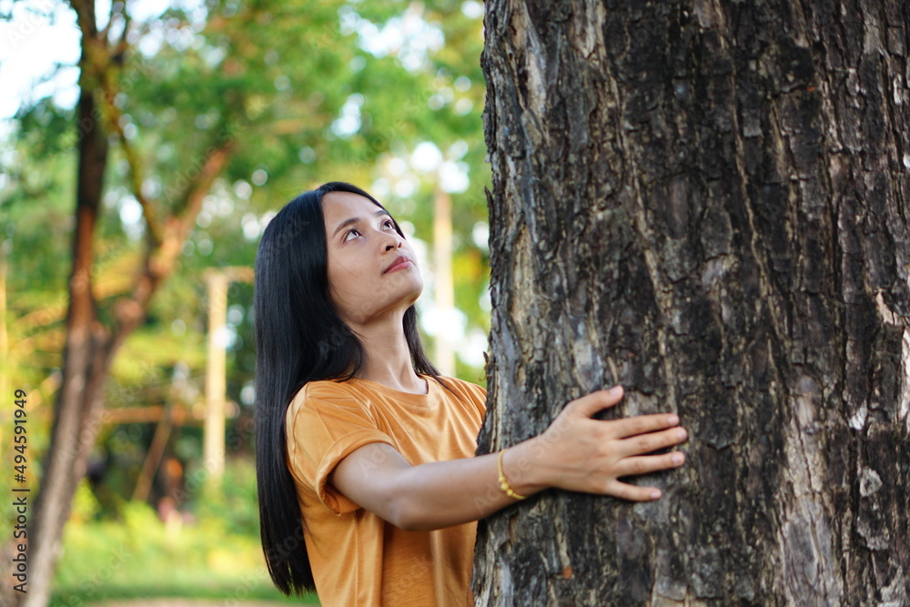 Asian women huging trees , the concept of love for the world