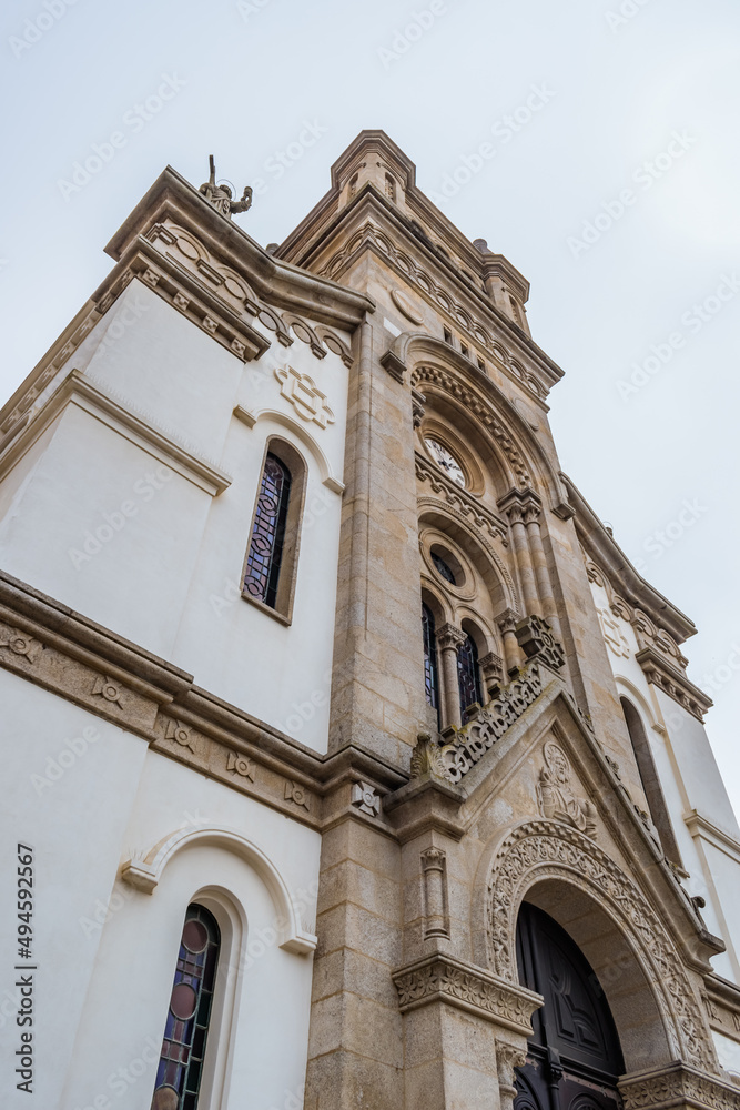 Ornamental details of the neo-Romanesque facade of the Church of Our Lady of Help, Espinho PORTUGAL