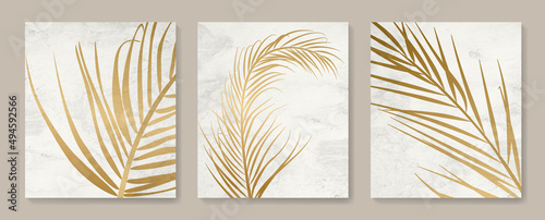 Minimalistic art background with golden palm leaves. Botanical poster set for decoration design, wallpaper, packaging, banner, invitation