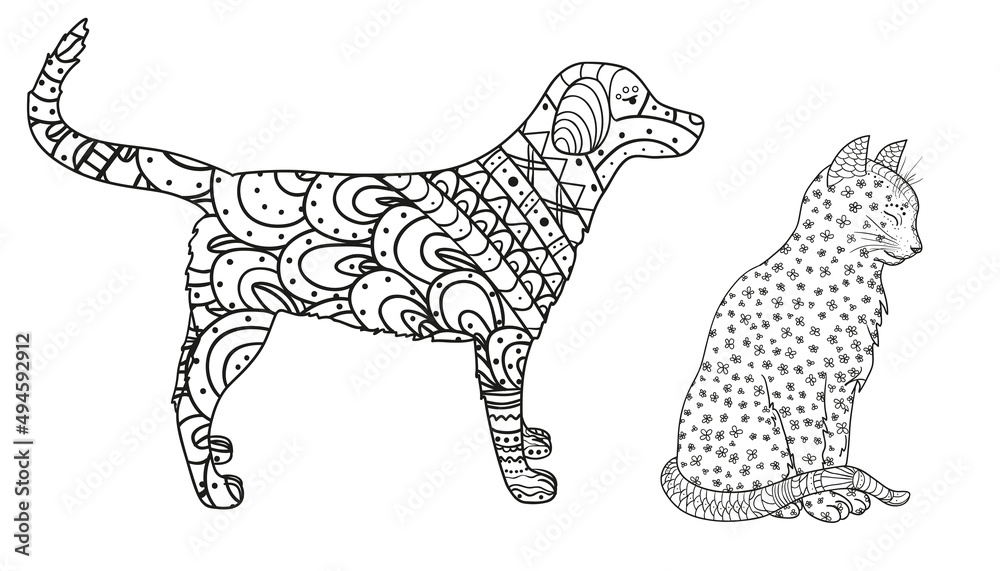 Dog and cat on white. Zentangle. Hand drawn animals with abstract patterns on isolation background. Design for spiritual relaxation for adults. Black and white illustration for coloring. Zen art Dog and cat on white. Zentangle. Hand drawn animals with abstract patterns on isolation background. Design for spiritual relaxation for adults. Black and white illustration for coloring. Zen art