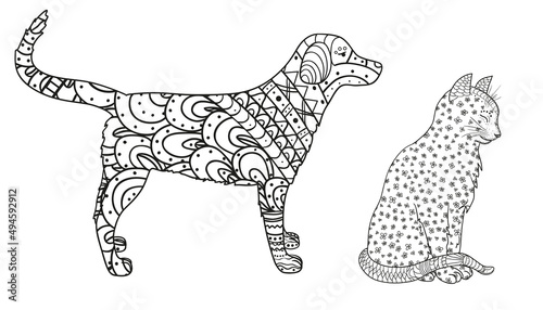 Dog and cat on white. Zentangle. Hand drawn animals with abstract patterns on isolation background. Design for spiritual relaxation for adults. Black and white illustration for coloring. Zen art