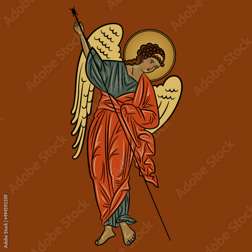 Winged medieval angel with spear. Russian Orthodox Christian design. Isolated vector illustration. On red background.