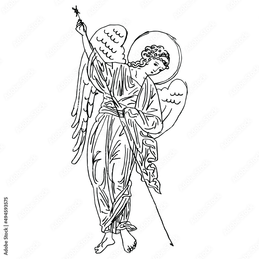 Winged Medieval Angel With Spear. Russian Orthodox Christian Design 