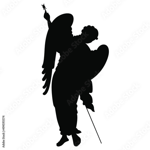 Winged medieval angel with spear. Russian Orthodox Christian design. Black silhouette on white background. Isolated vector illustration. 