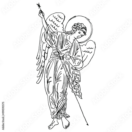 Winged medieval angel with spear. Russian Orthodox Christian design. Hand drawn linear doodle rough sketch. Black silhouette on white background.