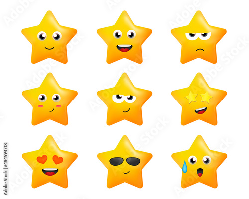 Cartoon stars with emotions. Sticker set with faces for kid games. Cute characters vector illustration
