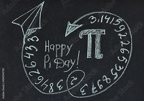 Valokuva the number pi is drawn in chalk on the blackboard