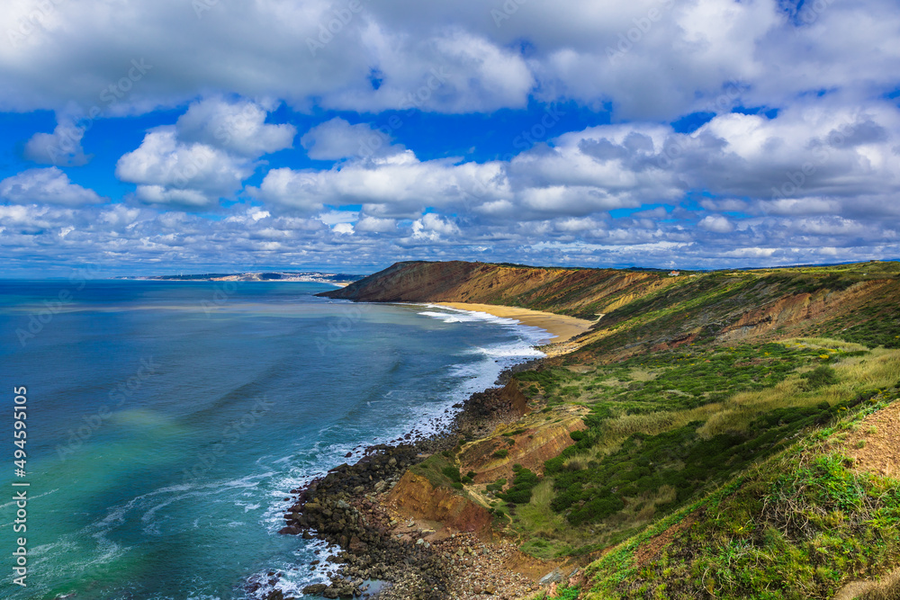 Beautifull cliffs over the sea at the beach of Sao Martinho do Porto - Portugal. Seascape view with cliffs at Portugal