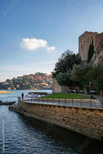 Royal castle of Collioure in the south of France with the colorful village buildings