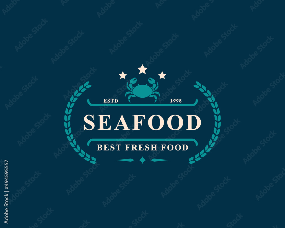 Vintage Retro Badge Seafood Fish Market and Restaurant Emblem Template Silhouettes Typography Logo Design