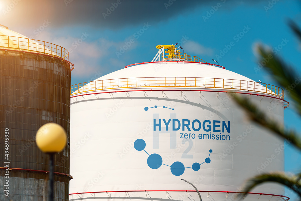 Hydrogen renewable energy production - hydrogen gas for clean electricity solar and windturbine facility. 3d rendering.