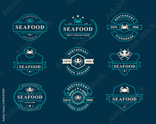 Set of Vintage Retro Badge Seafood Fish Market and Restaurant Emblem Template Silhouettes Typography Logo Design