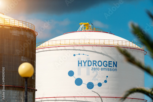 Obraz na płótnie Hydrogen renewable energy production - hydrogen gas for clean electricity solar and windturbine facility. 3d rendering. w salonie