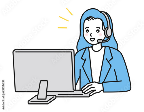 カスタマーサポート。パソコンの前でヘッドセットを着けた女性。コールセンターのコンセプトイラスト。