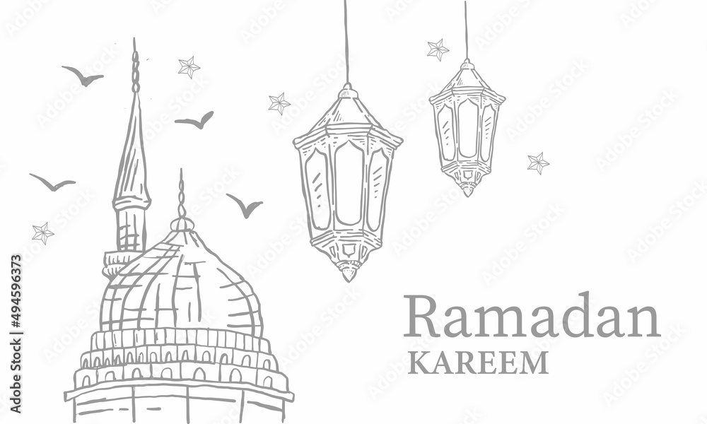 Hand Drawn Sketch of Ramadan mosque with Brush Texture for Ramadan Kareem