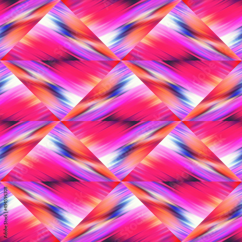 Optical glitch triangle tie dye geometric texture background. Seamless liquid flow effect patchwork grid material. Modern wet washy variegated fluid blur pattern. 