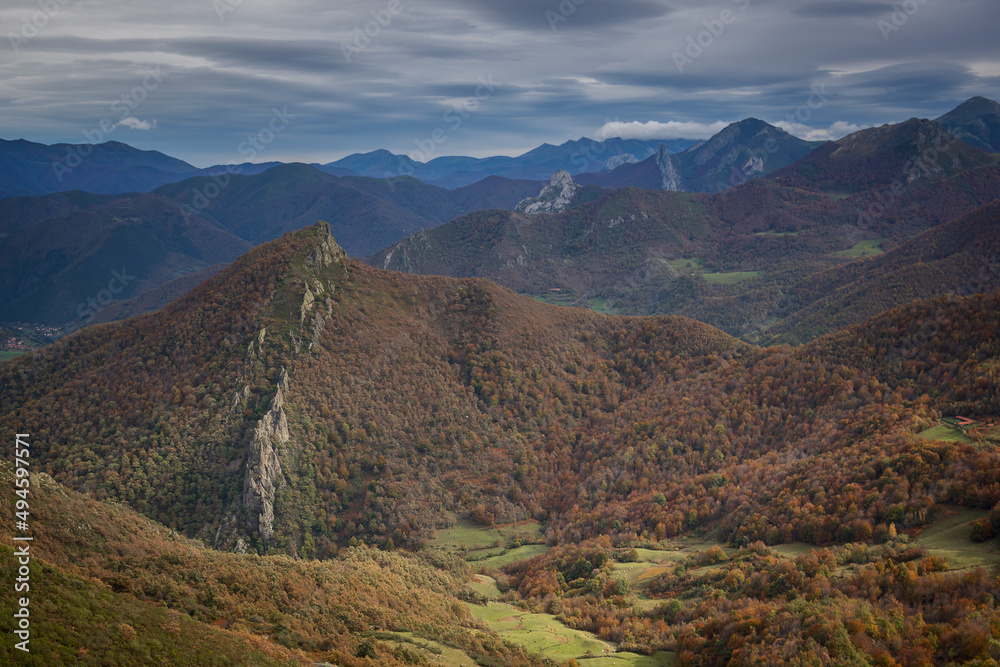 Mountain range landscape during Autumn in Corzo viewpoint in Picos de Europa national park, Spain