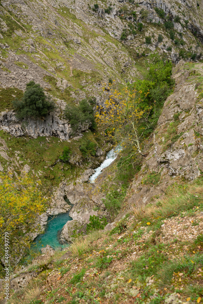 Ruta del Cares river trail nature landscape in Picos de Europa national park, Spain Ruta del Cares river trail nature landscape in Picos de Europa national park, Spain
