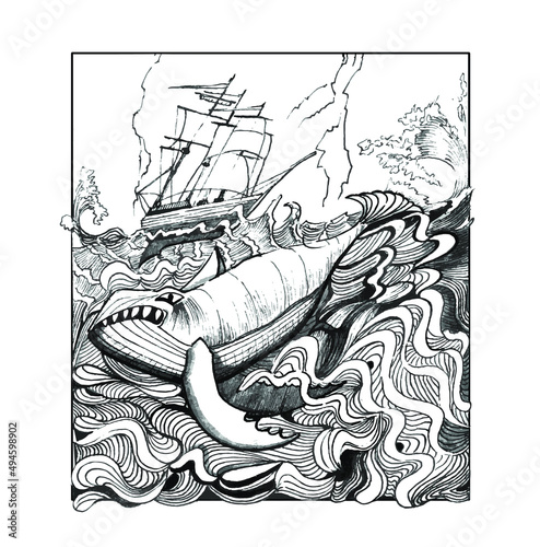 A huge whale sinks the ship. Storm at sea. Lightning in the night sky. Black and white linear ink sketch.