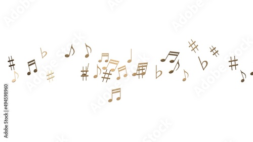 Brass musical notes on white background. 3D illustration for background.