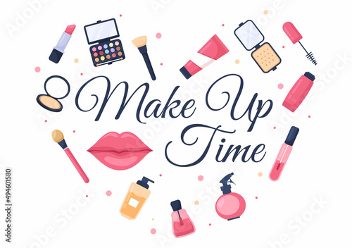 Make Up Cosmetics Collection of Glamour Girl Like Nail Polish, Mascara, Lipstick, Eyeshadows, Brush or Powder in Flat Cartoon Vector Illustration