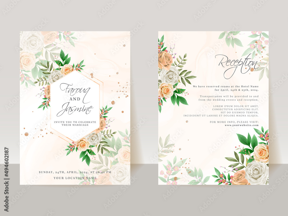 Wedding invitation card template with orange and white roses design