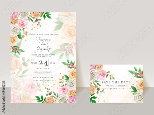 Wedding invitation card template with orange and white roses design