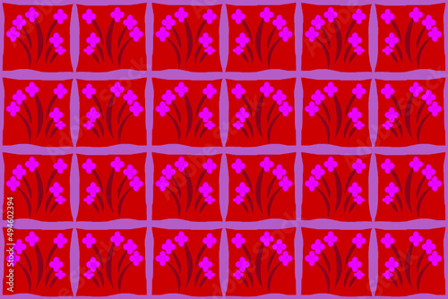 Purple bouquet in cute grid seamless on red background for fashion fabric and floral wallpaper.