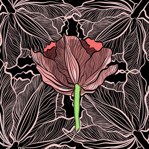 Vector illustration with a red tulip in doodle technique on a black background 