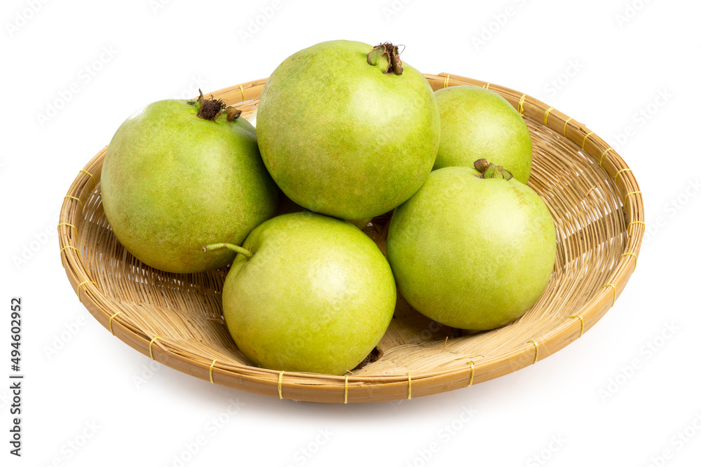 Fresh Organic Raw Thai Guava in a wicker basket isolated on white background. Clipping path Fresh Organic Raw Thai Guava in a wicker basket isolated on white background. Clipping path