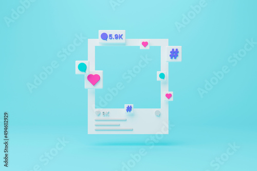 Social media photo frame with heart, comment and hashtag icon on blue background. 3d render illustration.