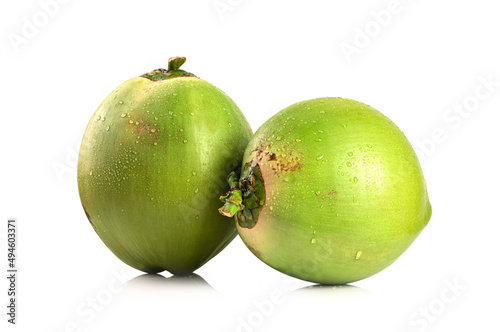 Fresh coconut with water drop isolated on white background.