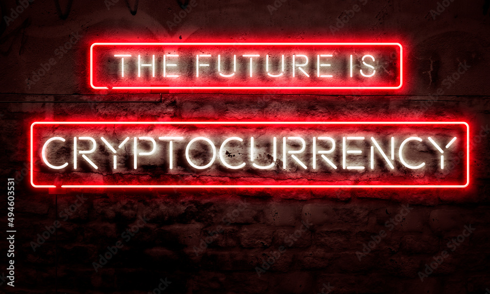 The Future Is Cryptocurrency Neon Sign On Brick