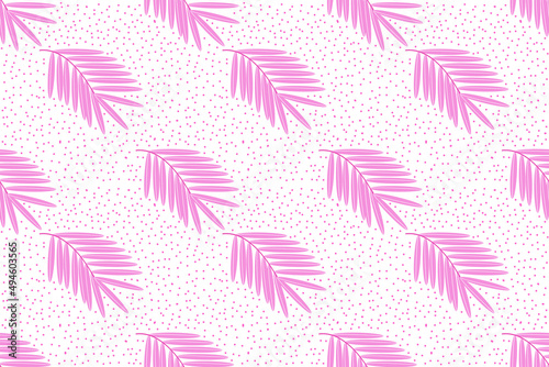 Seamless pink palm leaf painting pattern, on a white background with polka dots.
